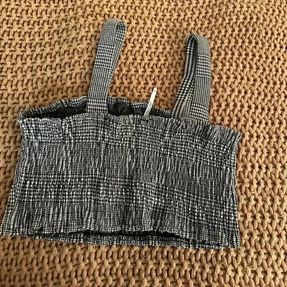 Free People Smocked Crop Top Tank Black White Gingham Plaid Print - Picture 2 of 3